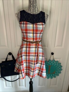 🌟 Teeze Me Plaid Lace Top Fit & Flare Dress - Summer Picnic Sun Dress 🌟 Size S
